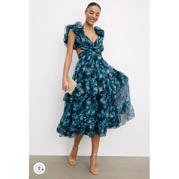 Ieena Mac Duggal Ruffle Tiered Floral Cut Out Gown Blue Dress Lace-Up Back Sz 0 - Picture 1 of 15